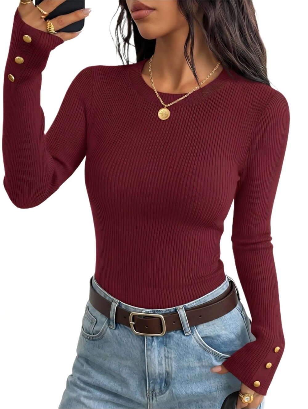 Women's Long Sleeve Knit Pullover Sweater - Crew Neck w/ Decorative Buttons - XL